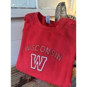 Wisconsin Red Pullover Gildan Sweatshirt  Sz L Rhinestone Sparkle
